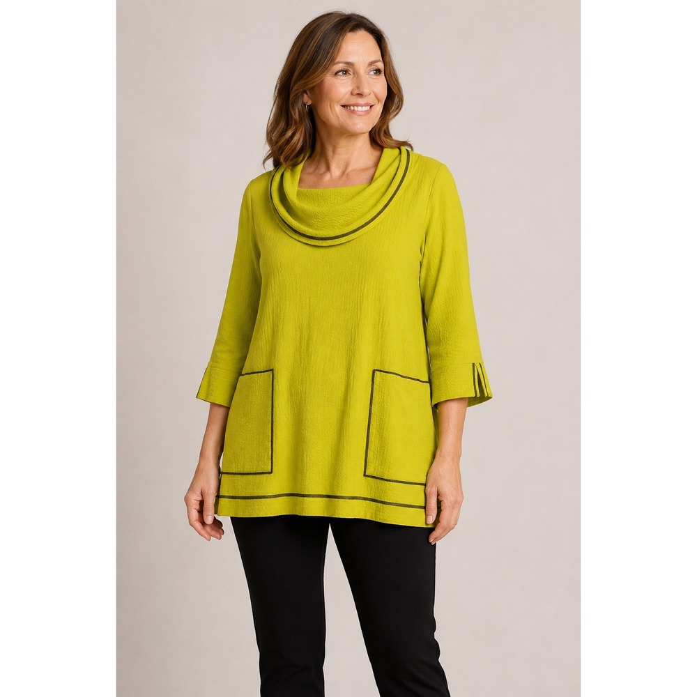 Ali Miles Blouse Women's Medium Cowl Neck Textured Neon Artsy Abstract Green